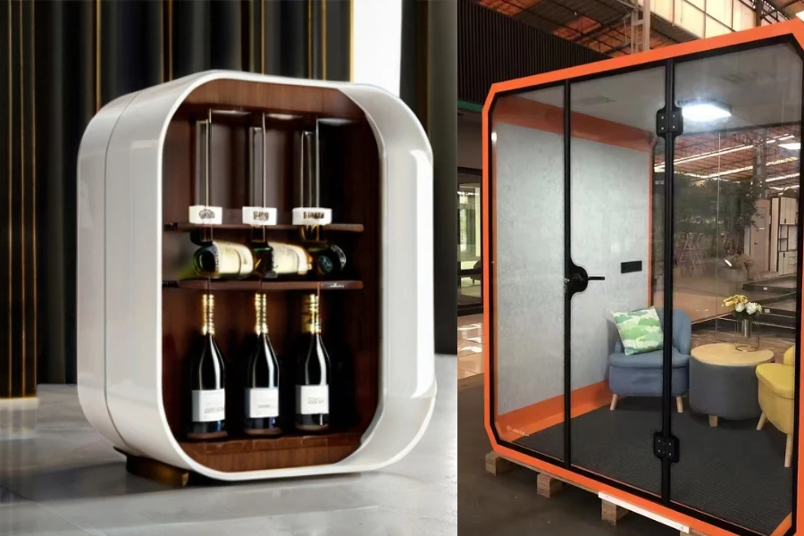 Minibar modular para el hogar con botellero y sillas.