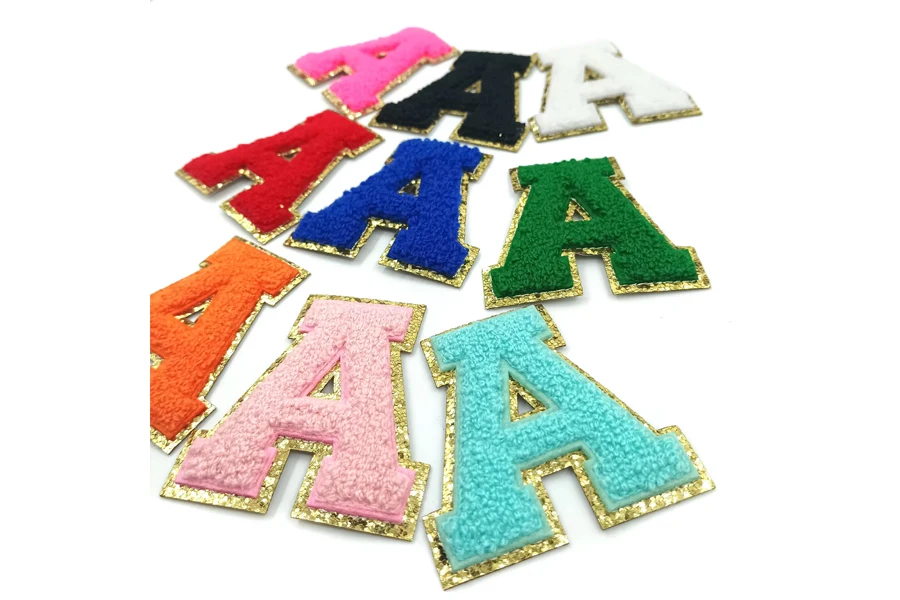 New Factory Wholesale Gold Edge Shiny Glitter Chenille 6.5cm Embroidery Iron On Letters Patch