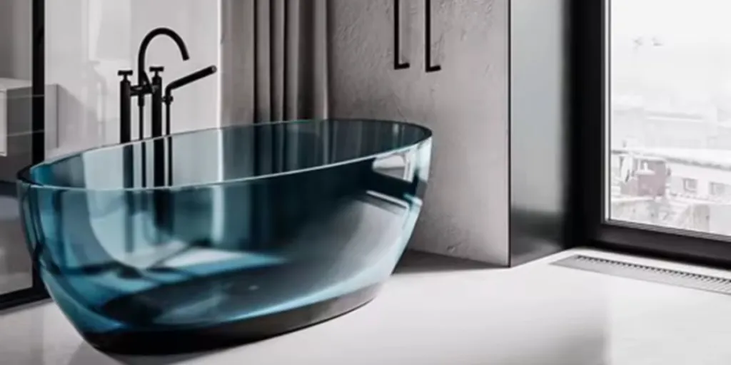 Vasca da bagno in resina acrilica trasparente di forma ovale