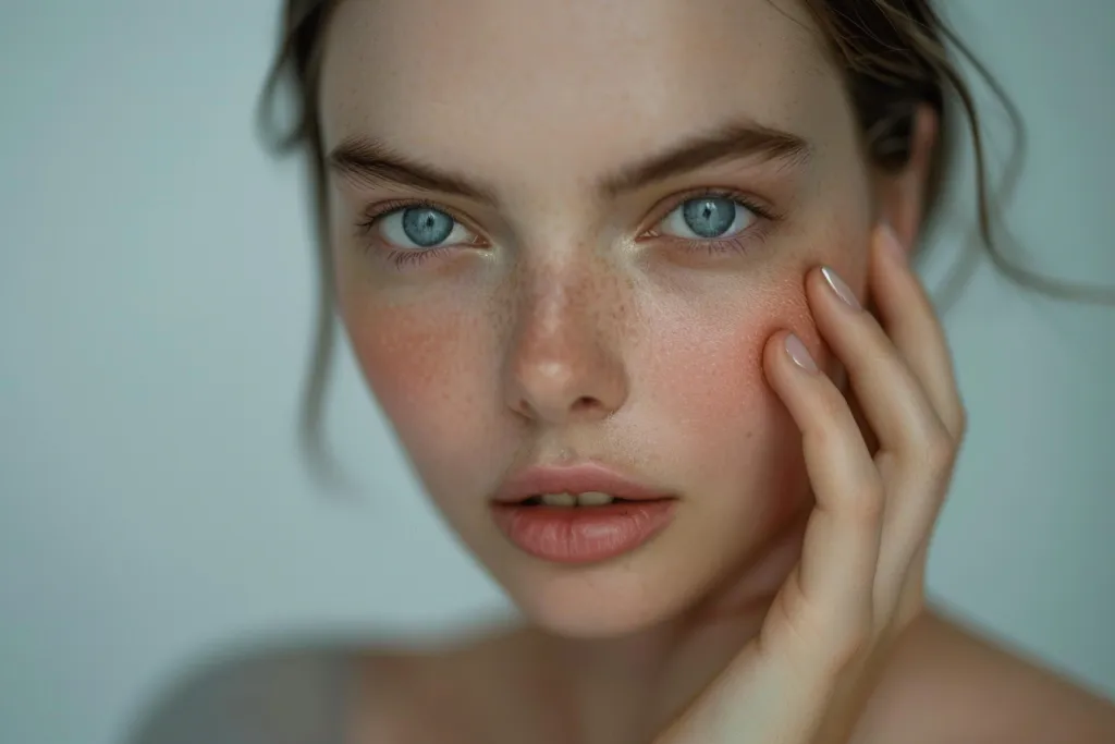 Foto de modelo con maquillaje natural en el salón de manicura francesa.