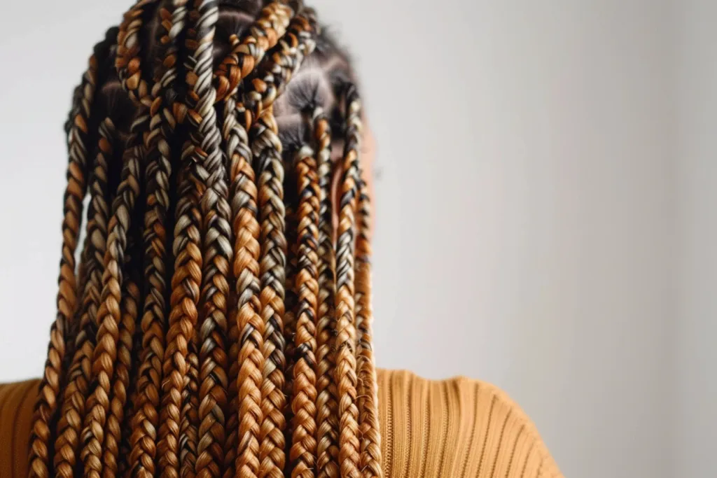 Photo of the back view of long box braids with blonde and brown ombre hair on an woman's head