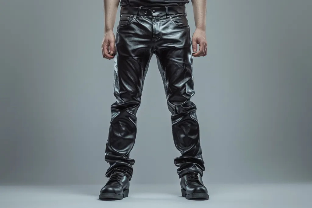 a man wearing leather pants in a front view against a gray background