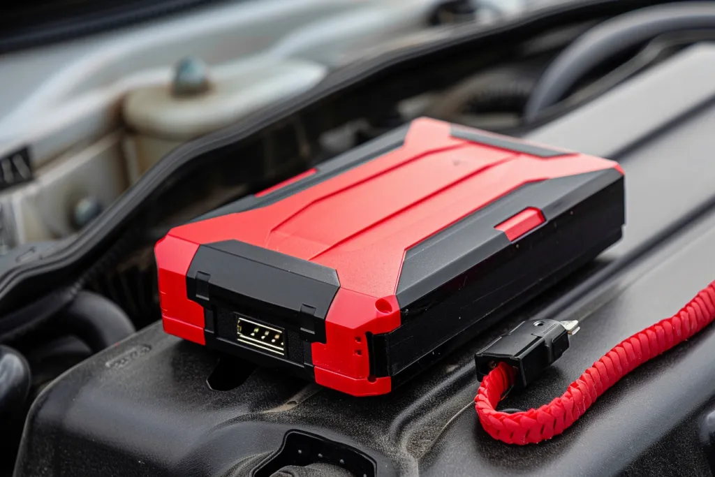 Red and black car battery jump box with clip on power bank in the style