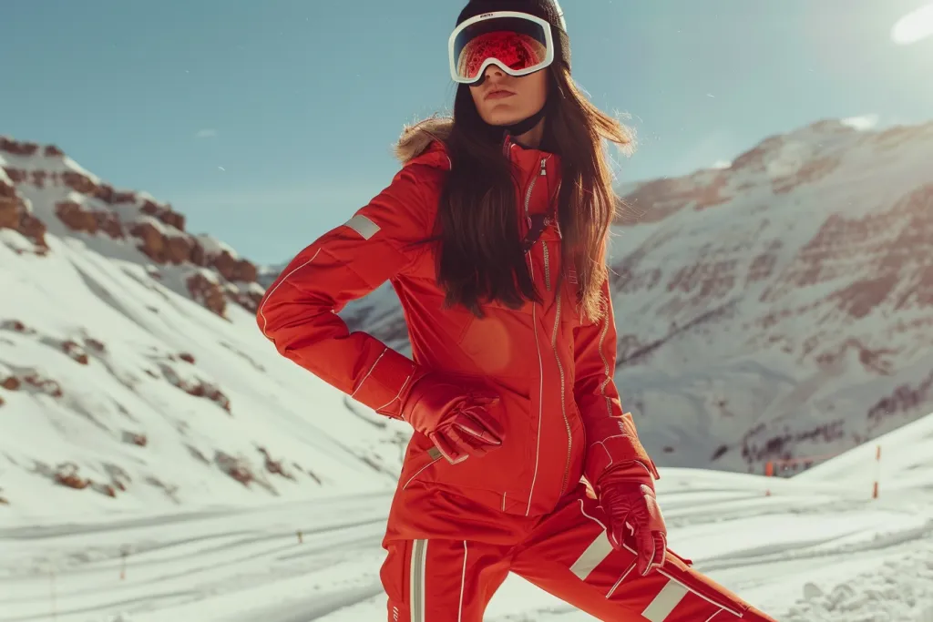 Pantalón de esquí rojo con líneas a rayas.