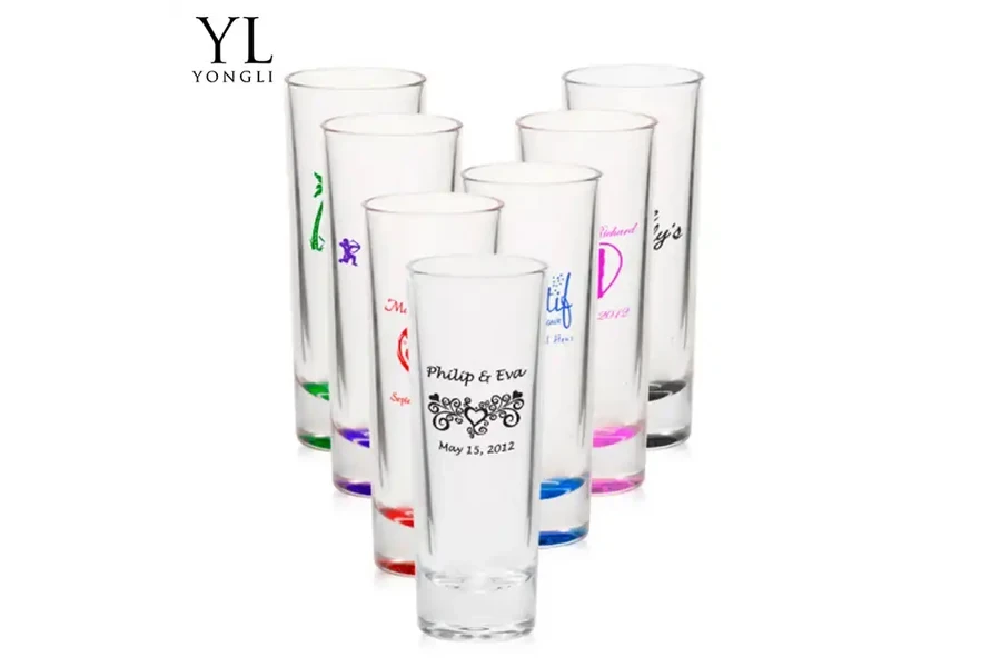 Seven tall shot crystal glasses with colored frosting