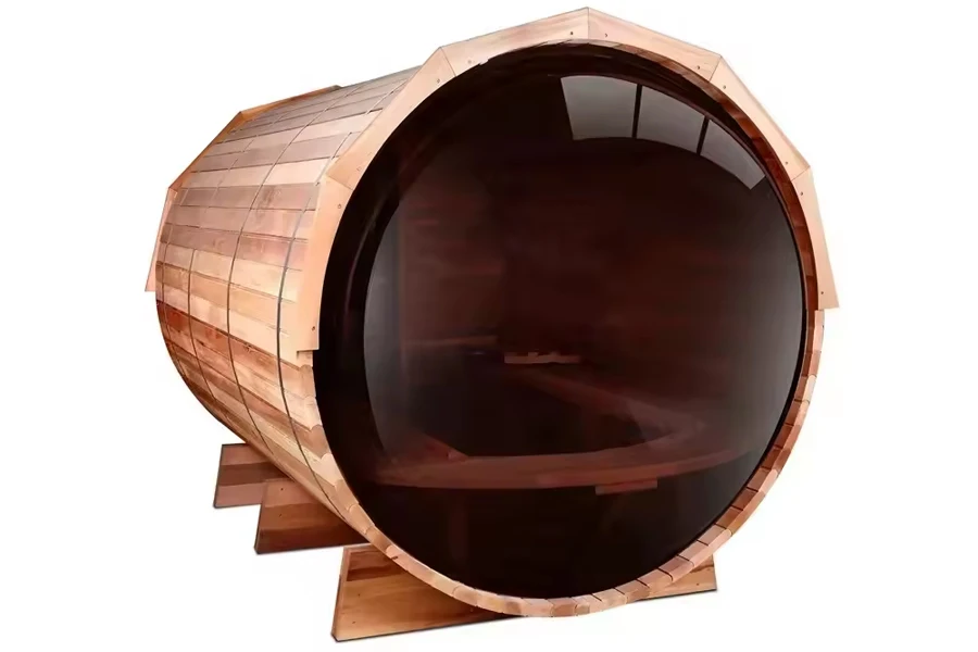 Six- to eight-person barrel sauna with tinted glass window