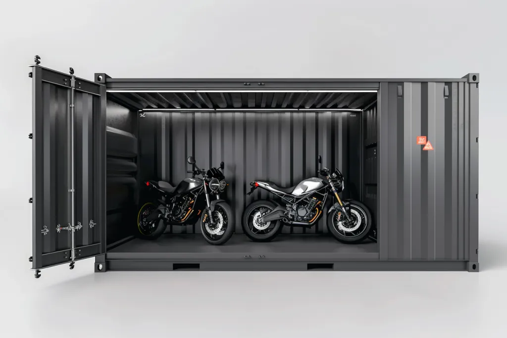 Kapısı açık olan şık siyah nakliye konteyneri motosiklet depolama ünitesi