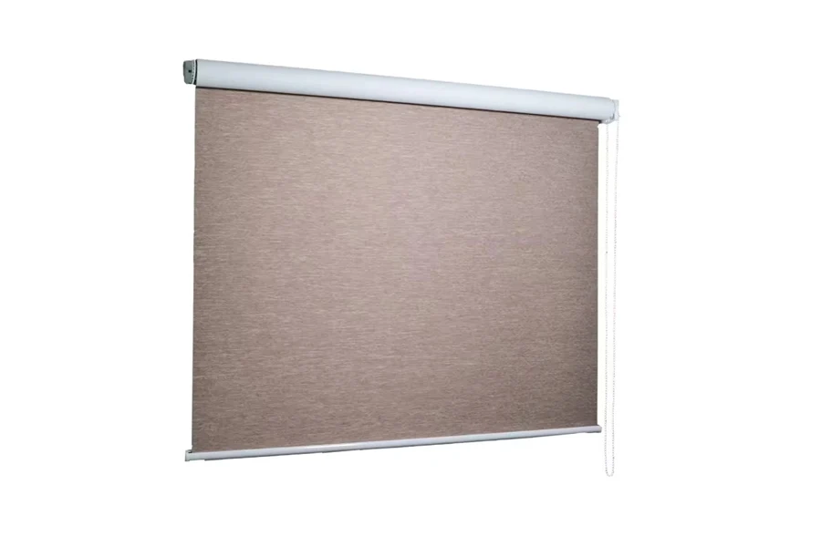 Standard brown roller shades on a white background