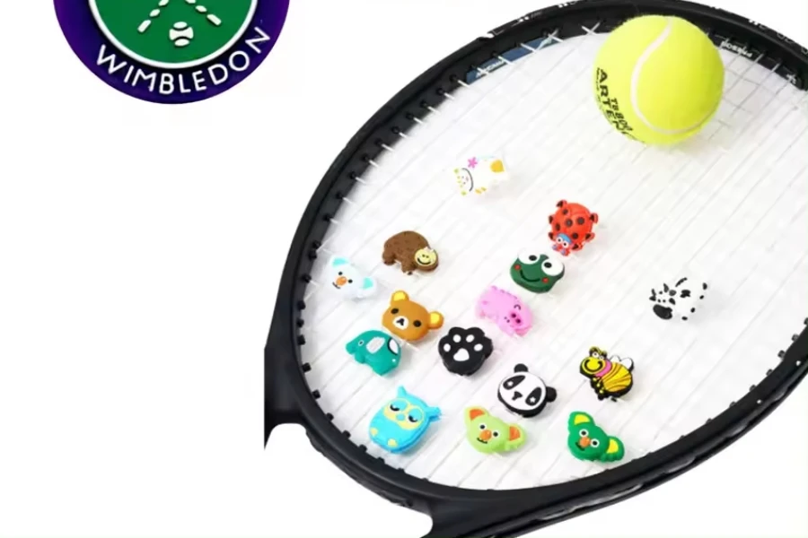 Raket tenis dengan berbagai peredam tenis berbentuk binatang pada senarnya