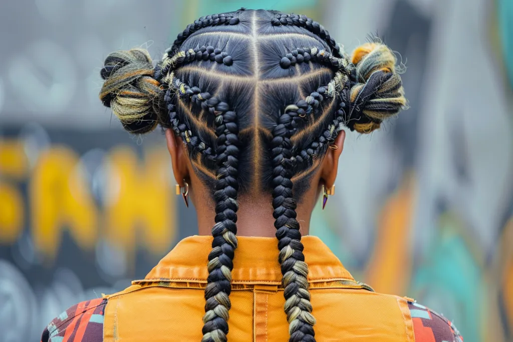 As vistas traseira e frontal do cabelo com duas tranças em cores diferentes.