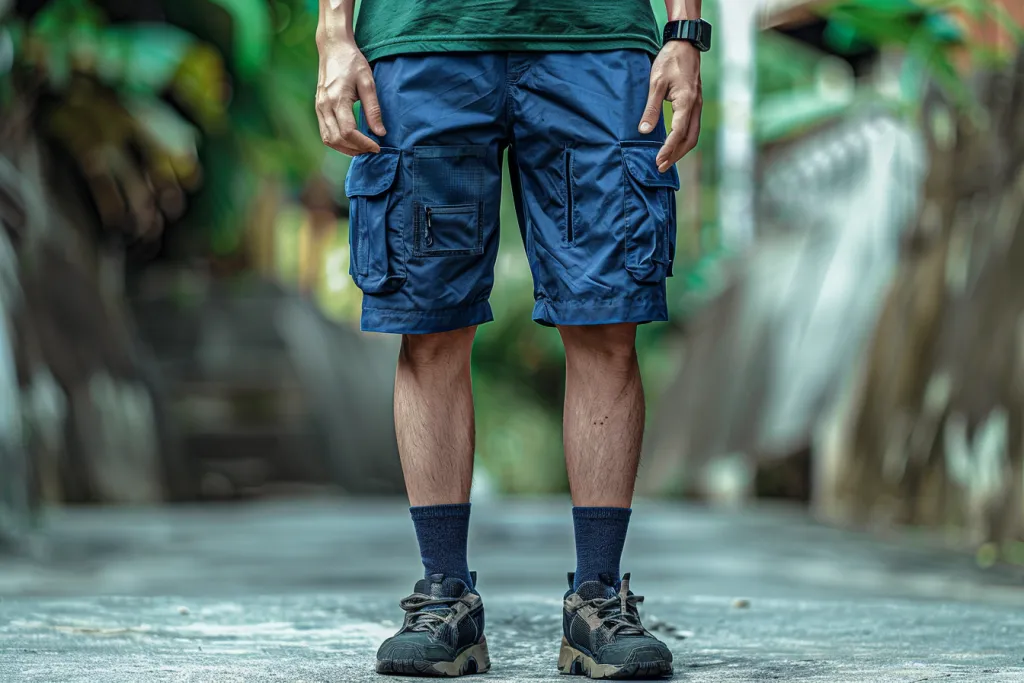 The cargo shorts in blue with pockets on both sides and an emerald green shirt is shown