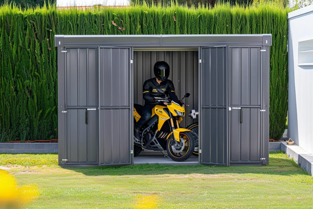 The gray colored outdoor metal bike shed is open with the door closed