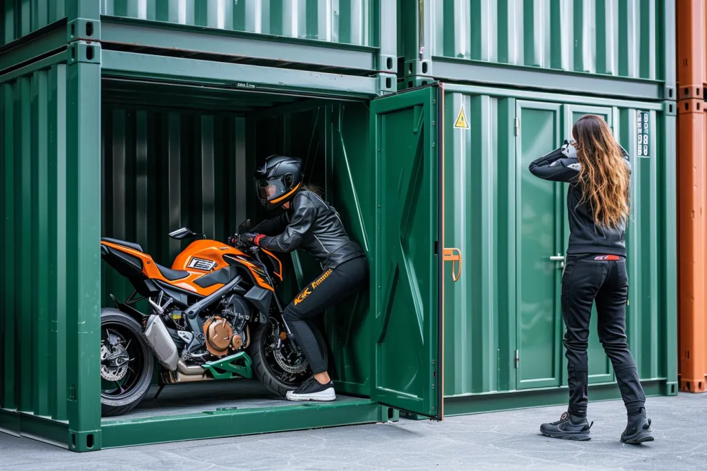 The person is opening the door of an outdoor green motorcycle storage unit with their hand