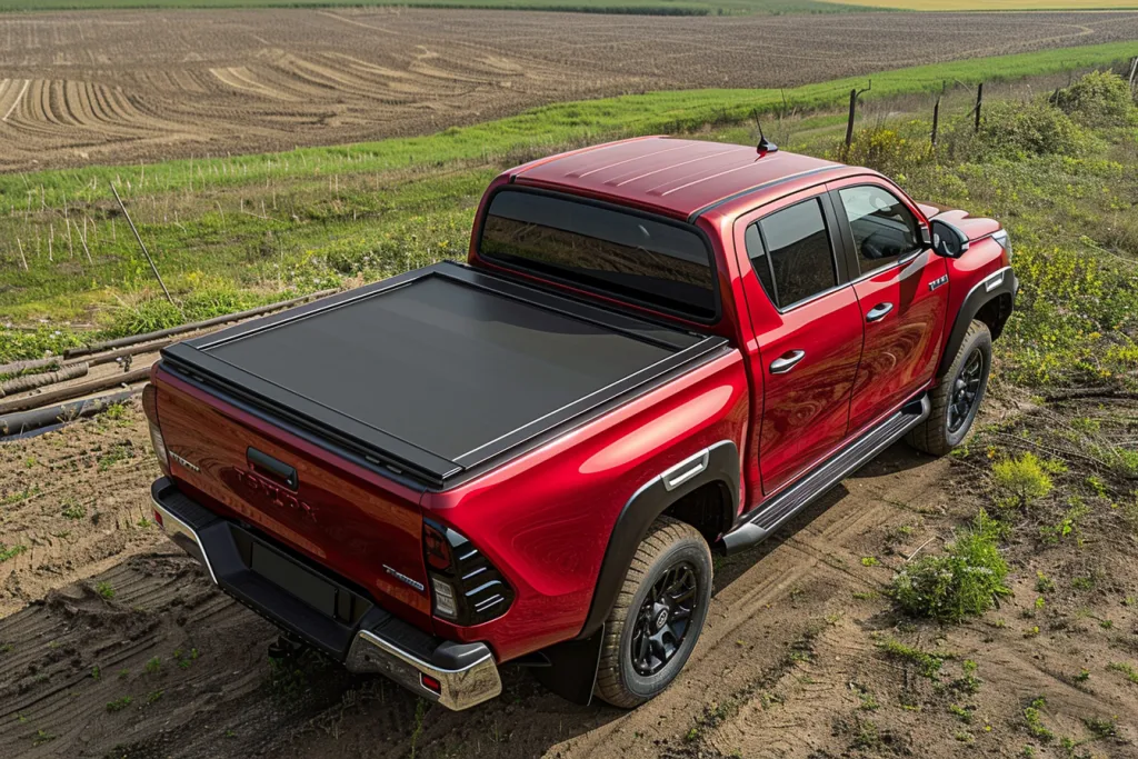 The red truck bed cover is made of black steel