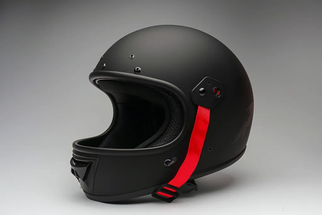 Helm setengah kecepatan dan gaya terbuat dari plastik hitam matte dengan visor terbuka