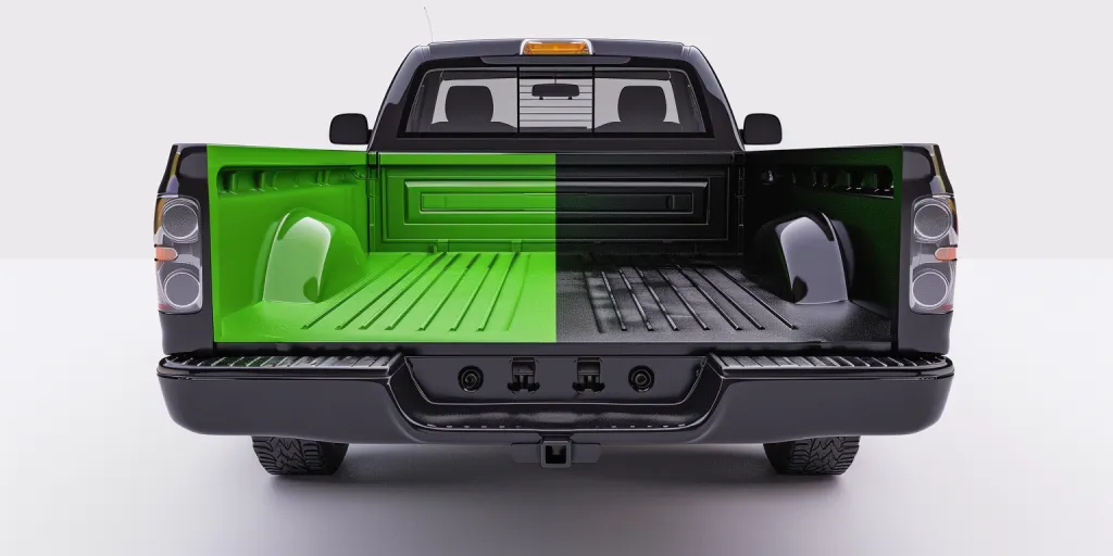 The truck bed is half green and the other side blac