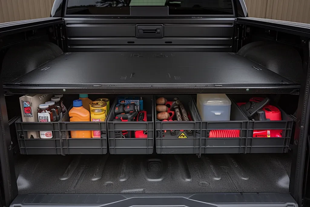 The truck bed storage system is designed to store