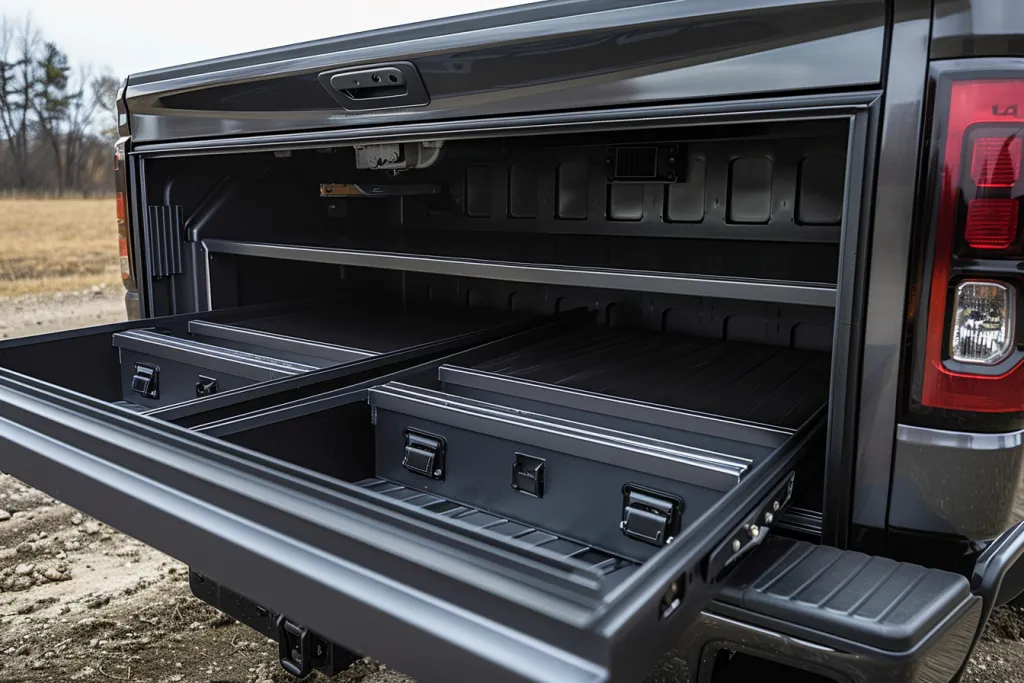 El sistema de almacenamiento de la plataforma del camión está hecho de plástico negro.