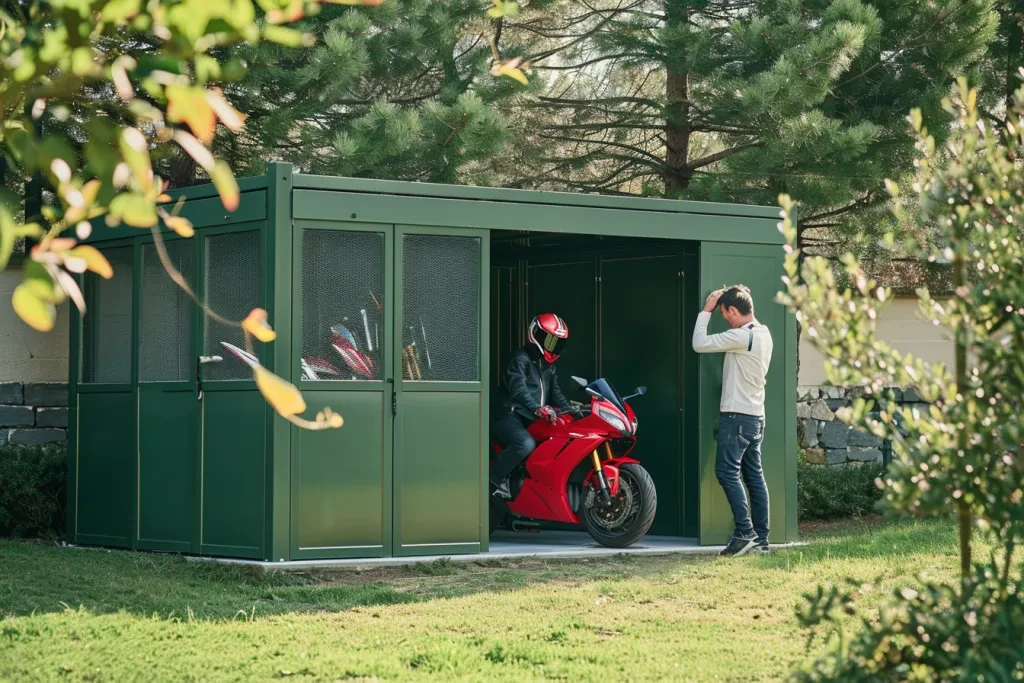 This is a green metal motorcycle storage unit with double doors and windows