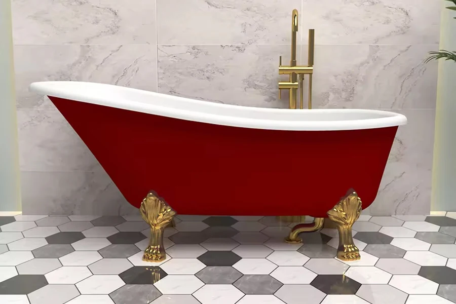 Traditional freestanding red acrylic ball and claw tub