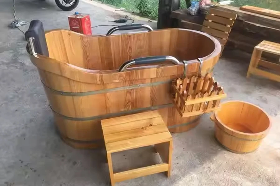 Traditional oval wooden barrel bathtub