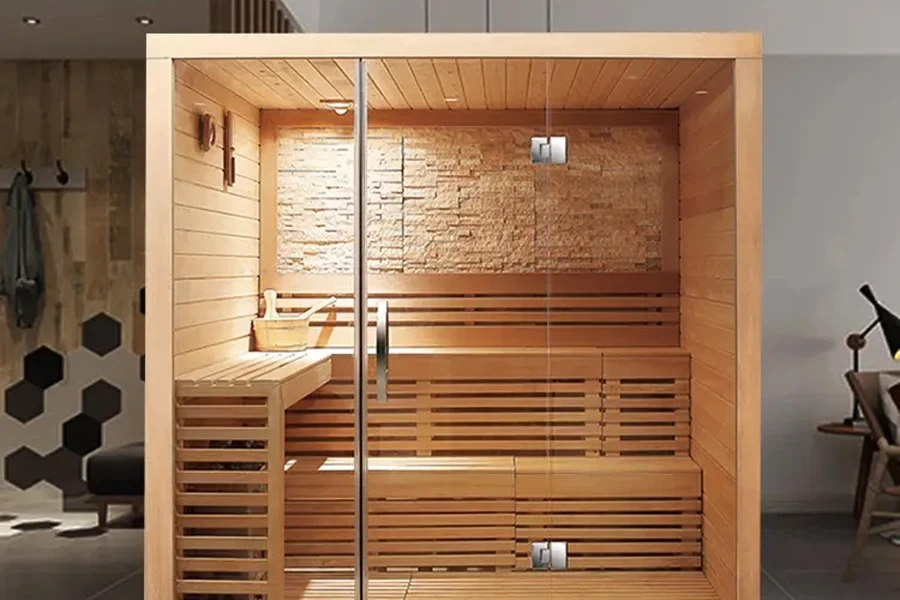 Sauna tradicional rectangular, de madera maciza y vidrio, para dos personas.