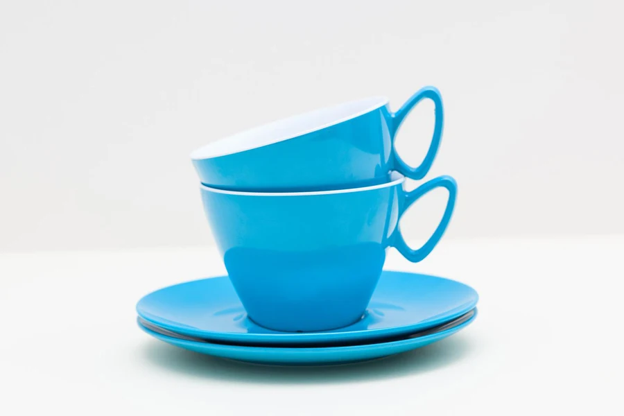 Turquoise melamine tea cups and saucers
