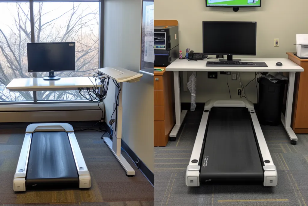 Two photos show an office desk with a desktop monitor and a white electric treadmill