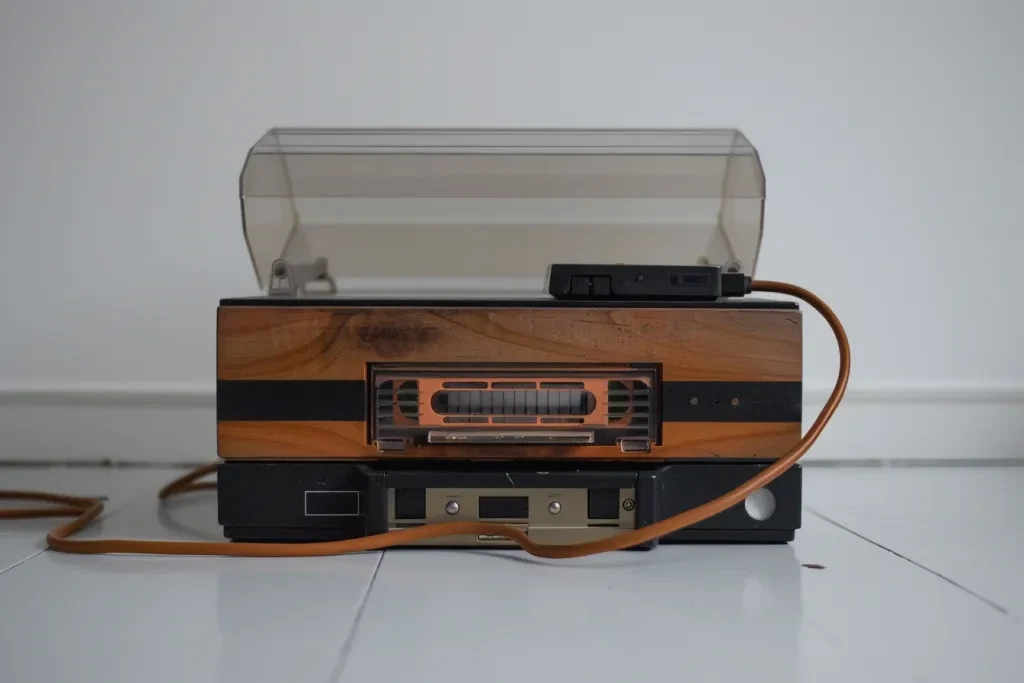 Lettore di cassette vintage con ripiano in legno