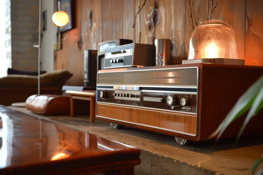 Vintage stereodrome with wood paneling and chrome accents