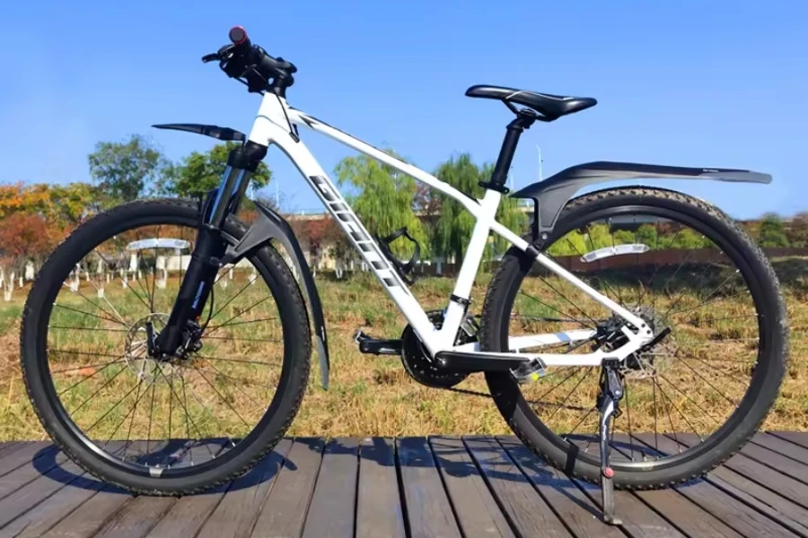 White and black bike with full coverage bicycle fenders