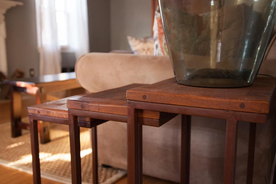 Wooden nesting tables in a living room
