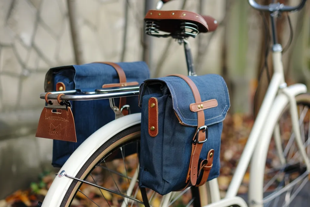 a bicycle pannier in navy blue canvas with brown leather accents