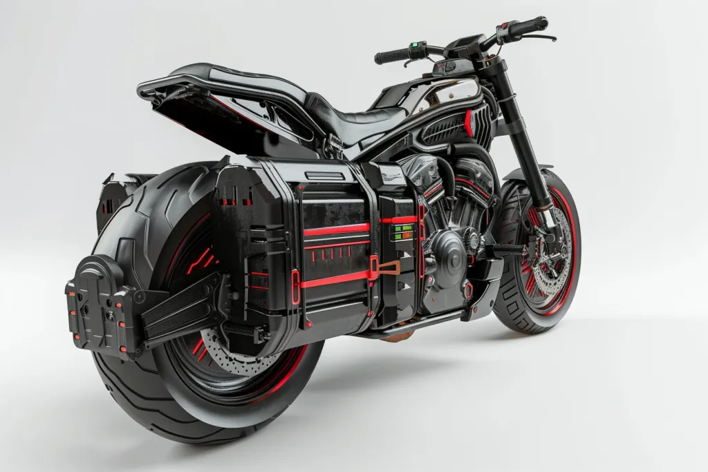 a black motorcycle battery with red accents on white background