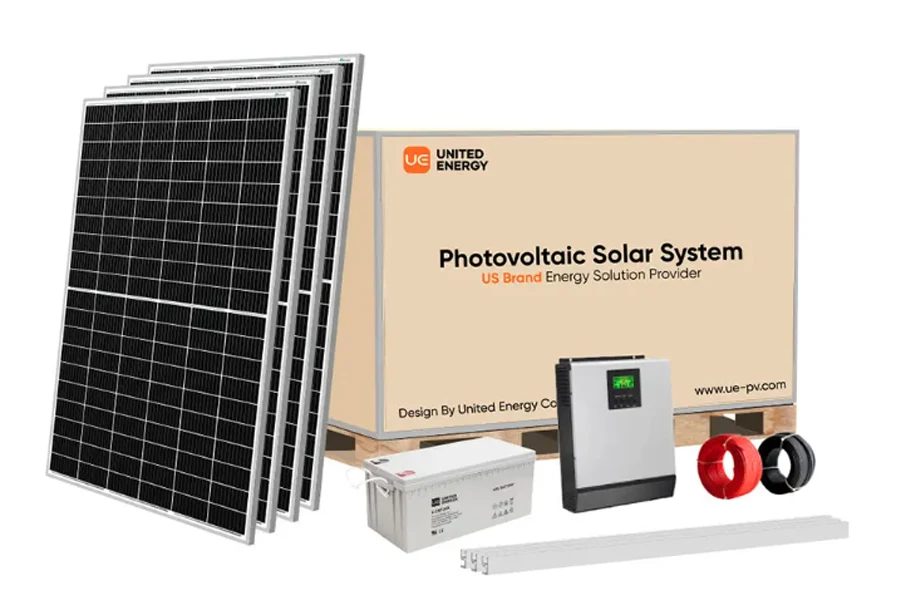 Un sistema solar híbrido completo que muestra paneles solares fotovoltaicos.