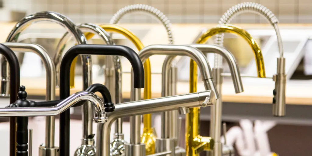 A display of kitchen faucets in a store
