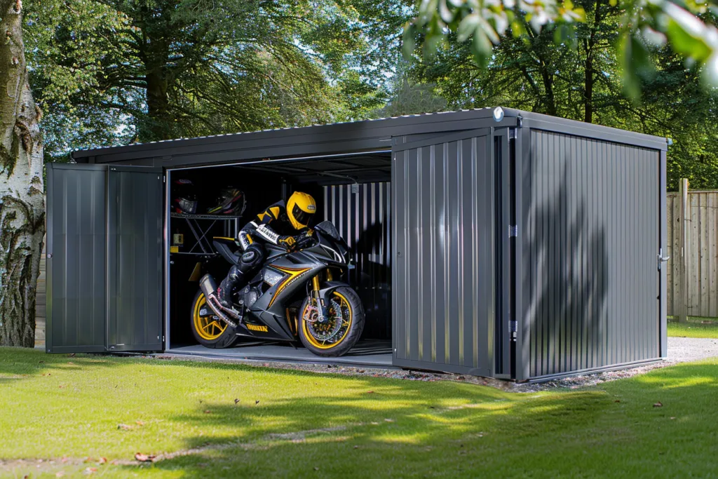 Un cobertizo para guardar motocicletas de metal gris con puertas dobles abiertas.