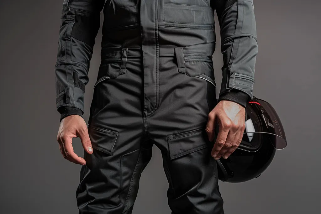 ein Mann trägt eine Hose mit einer Tasche für einen Motorradhelm