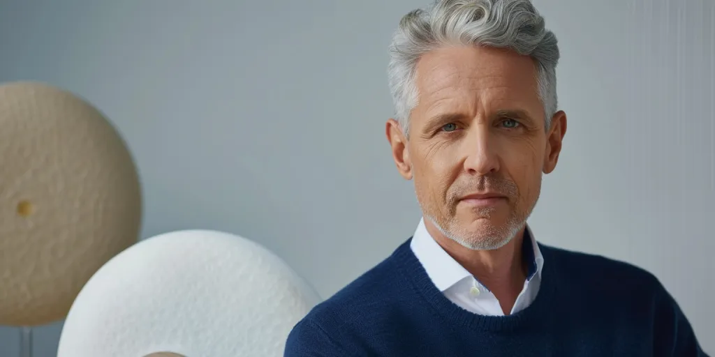 una foto di un uomo di mezza età con i capelli grigi