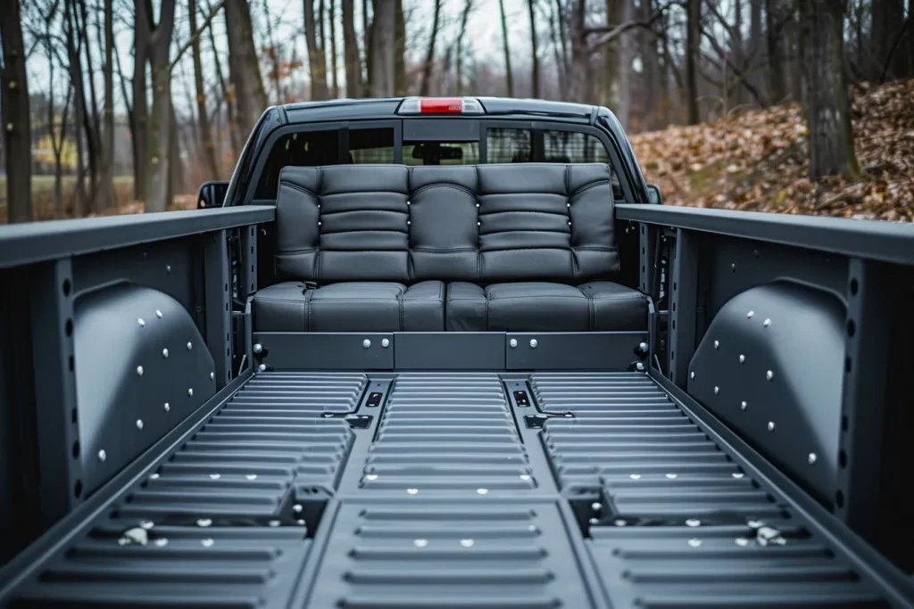 a photo of the back seat in an open truck bed with two small