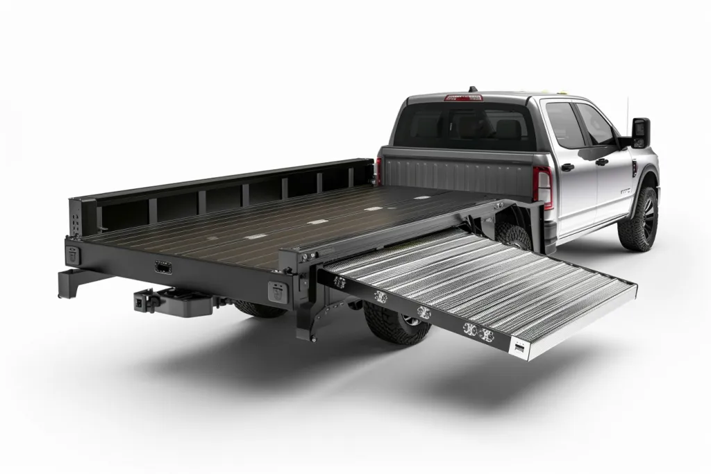 una vista lateral de una plataforma trasera abierta que se puede usar para transportar objetos en una camioneta
