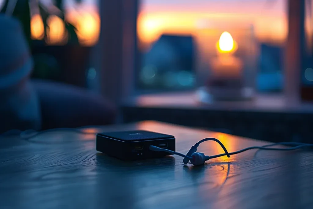 a small black rectangular device with white wires