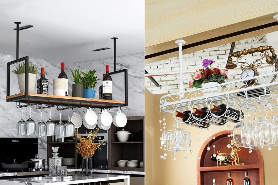 um pequeno bar doméstico com prateleiras para vinhos no teto para economizar espaço