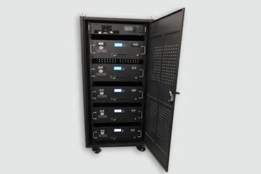 a stacked lithium ion battery bank in cabinet