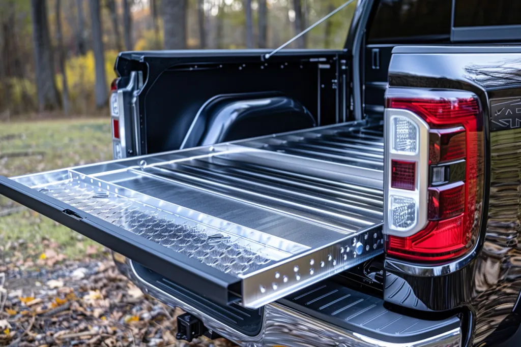 a truck bed slide out with the tailgate open and an aluminum sliding tray inside it