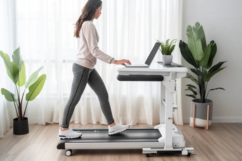 a woman walking on the treadmill while using her laptop