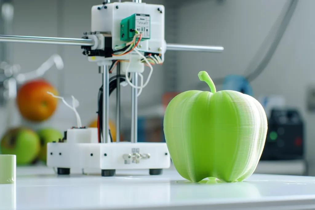 Impresora 3D que imprime una manzana verde sobre una mesa blanca