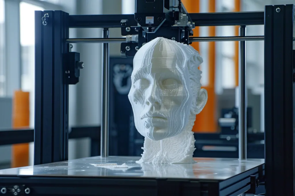 Printer 3D mencetak wajah abstrak di atas meja