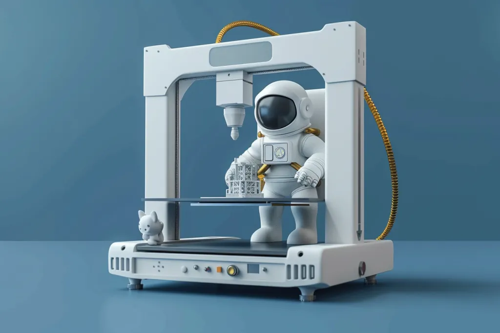 Impresora 3D con astronauta sobre fondo azul.