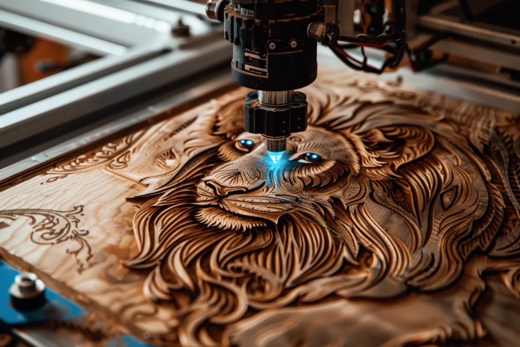 Uma máquina CNC está esculpindo um design complexo em madeira